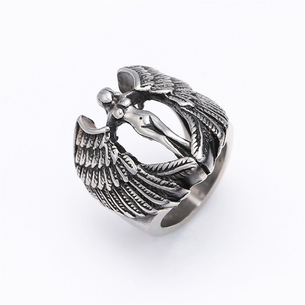 Men's Titanium Steel Ring with Gothic Cross and Wings