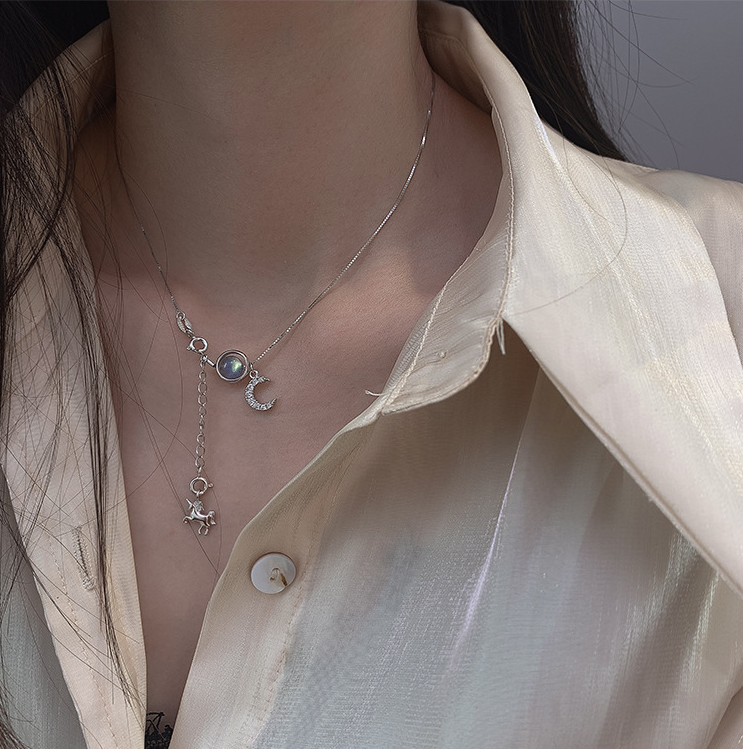 S925 Silver Korean Style Zircon Moon Pendant Necklace