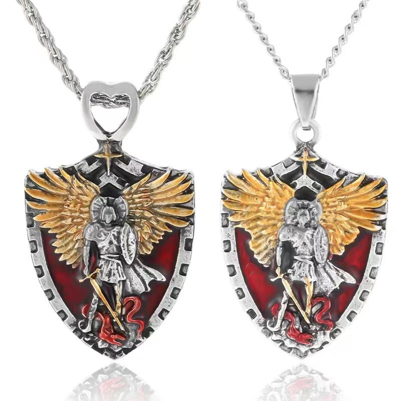 Shield Pendant Necklace with Cartoon Character Wings