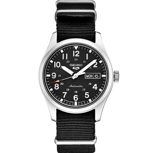SEIKO SRPG37 Watch for Men - 5 Sports - Automatic with Manual Winding Movement Black Dial Stainless Steel Case Black Nylon Strap 100m Water Resistant and Day/Date Display