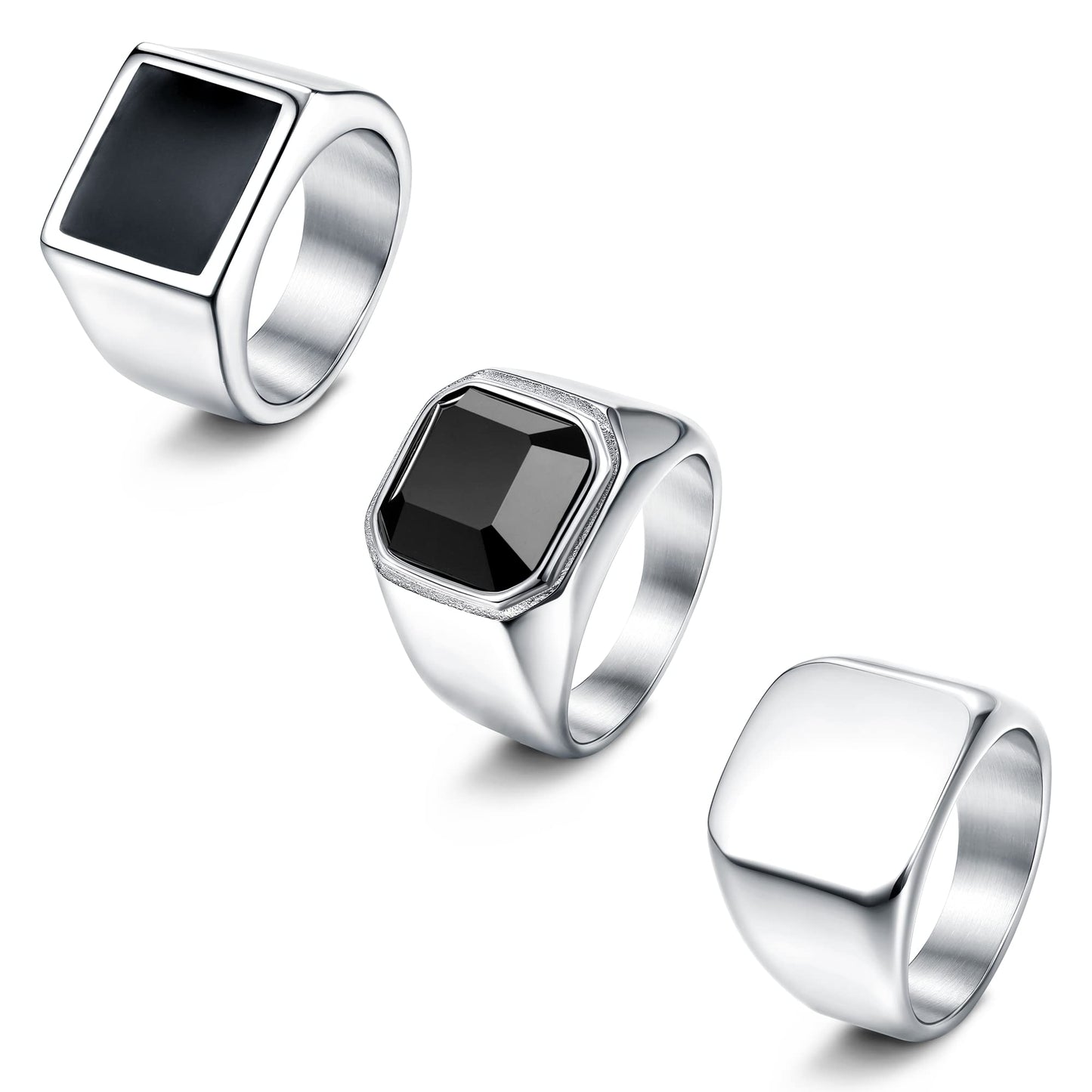 SAILIMUE 3Pcs Stainless Steel Signet Rings for Men Women Black Silver Simple Square Agate Solid Polished Biker Band Pinky Thumb Rings Set Size 13