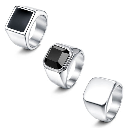 SAILIMUE 3Pcs Stainless Steel Signet Rings for Men Women Black Silver Simple Square Agate Solid Polished Biker Band Pinky Thumb Rings Set Size 13