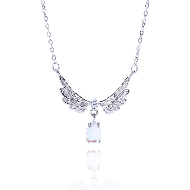 S925 Silver Angel Wing Necklace with Moonstone