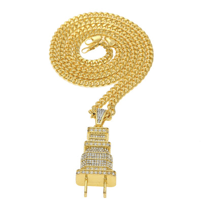 Full Rhinestone Plug Necklace with Hip Hop Pendant
