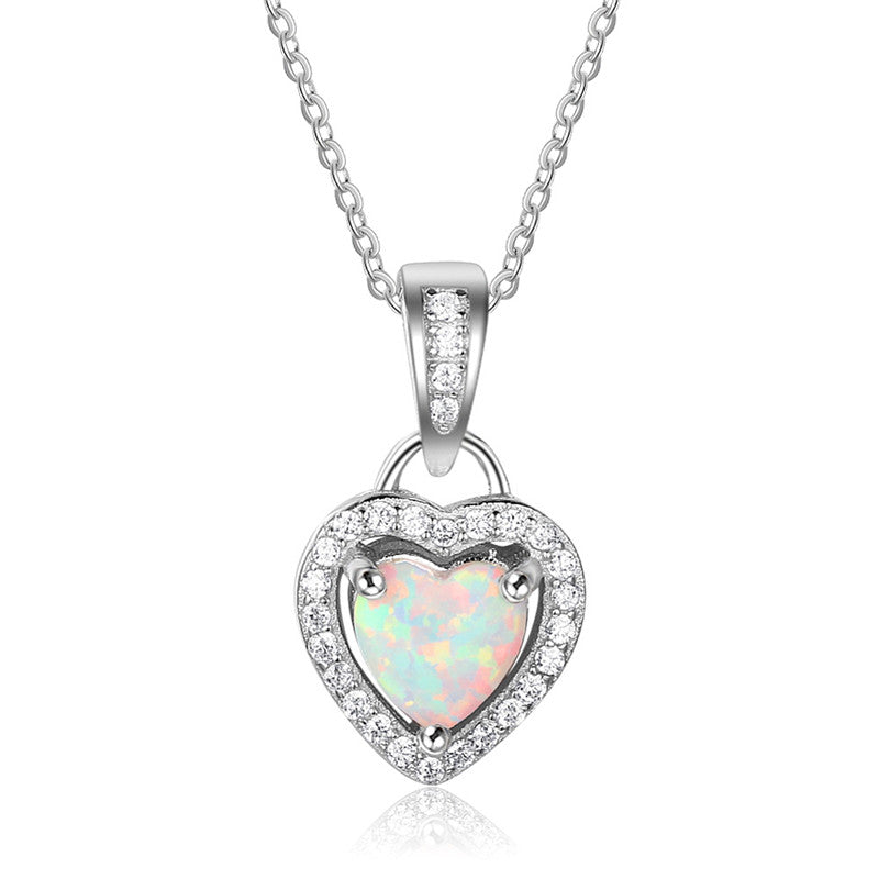 Opal Heart Necklace in Classic Design, Sterling Silver