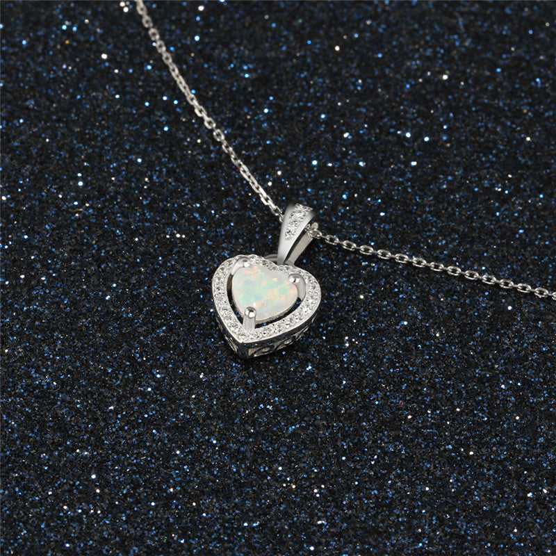 Opal Heart Necklace in Classic Design, Sterling Silver