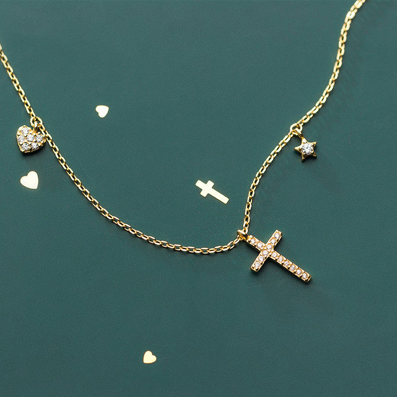 Ailuoqi S925 Silver Necklace with Heart and Cross Design