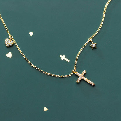 Ailuoqi S925 Silver Necklace with Heart and Cross Design