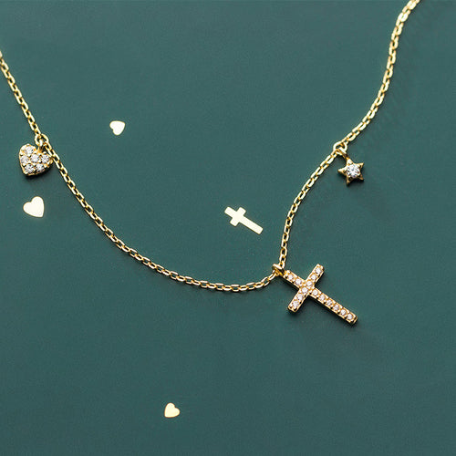 Ailuoqi S925 Silver Necklace with Heart and Cross Design