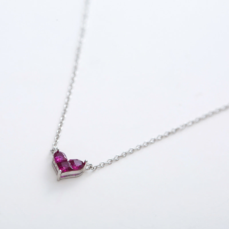 S925 Silver Heart Necklace with Red Ruby Pendant