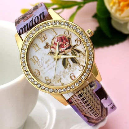 Chinese Floral Pattern Women's Quartz Watch with Leather Band