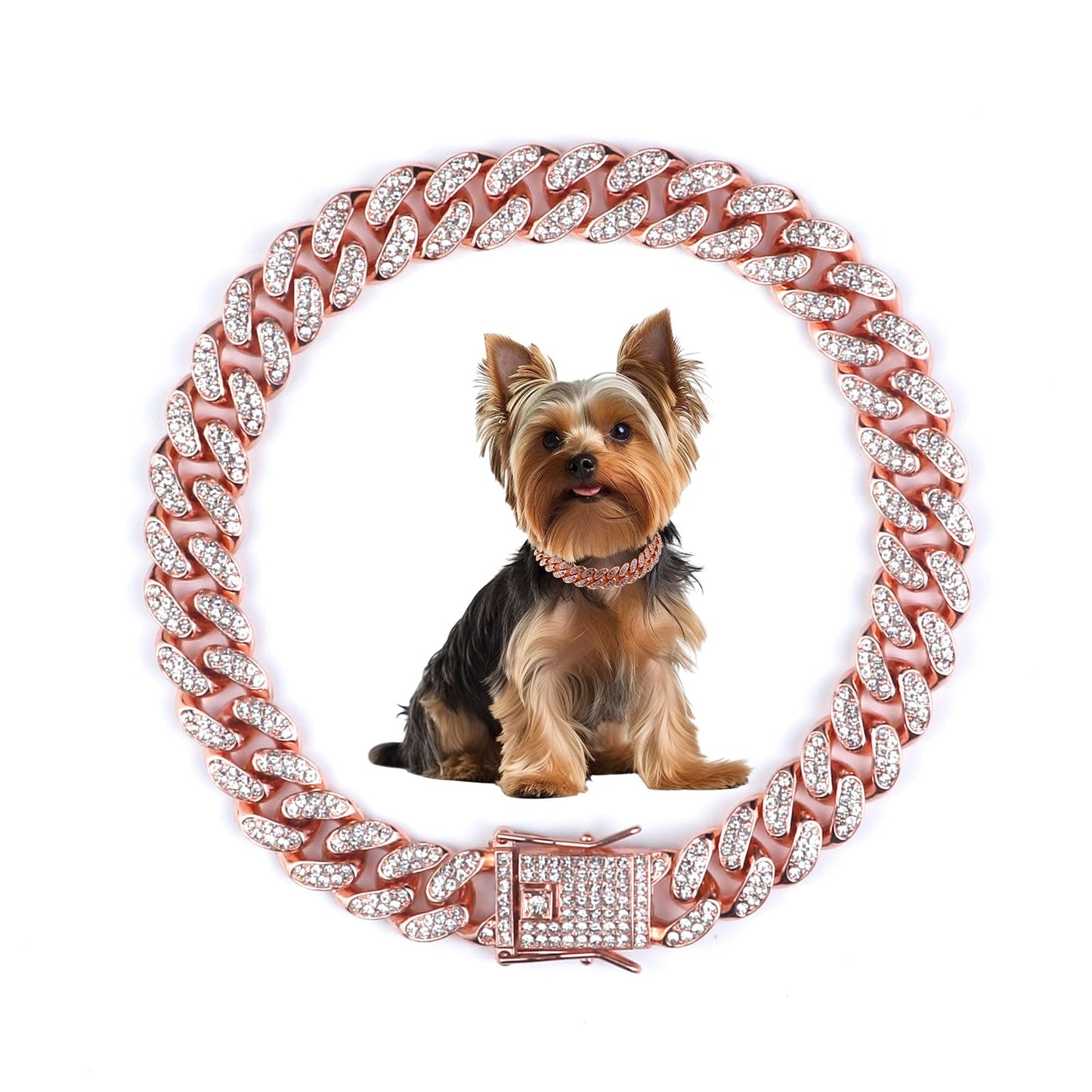 12 Inch Cuban Link Dog Collar Rose Gold Crystal Pet Chain Necklace Metal Pet Necklace with Safety Buckle Lock for Small Medium Large Dogs Cats
