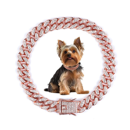 12 Inch Cuban Link Dog Collar Rose Gold Crystal Pet Chain Necklace Metal Pet Necklace with Safety Buckle Lock for Small Medium Large Dogs Cats