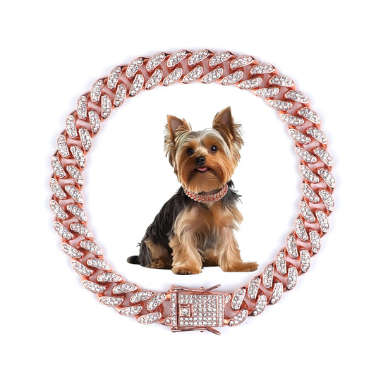 12 Inch Cuban Link Dog Collar Rose Gold Crystal Pet Chain Necklace Metal Pet Necklace with Safety Buckle Lock for Small Medium Large Dogs Cats