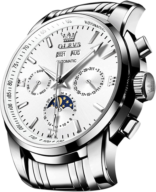OLEVS Automatic Men Watch Self Winding Mechanical Luxury Dress Moon Phase Stainless Steel Black Watch Waterproof Luminous Calendar Wrist Watch