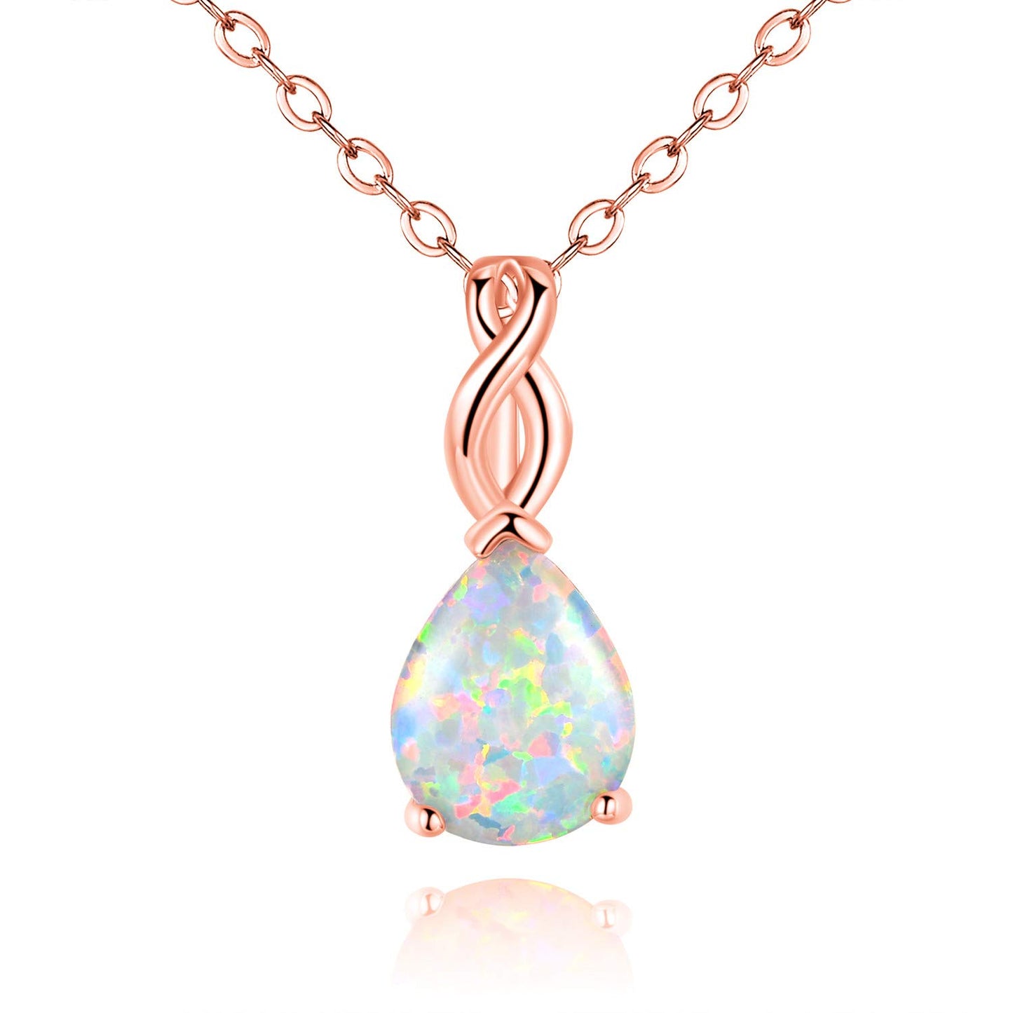 VOLUKA Teardrop White Fire Opal Necklace for Women 18K Rose Gold Plated Octobers Birthstone Gemstone Pendant Vintage Elegant Friendship Link Chains Choker Mother