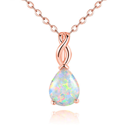 VOLUKA Teardrop White Fire Opal Necklace for Women 18K Rose Gold Plated Octobers Birthstone Gemstone Pendant Vintage Elegant Friendship Link Chains Choker Mother