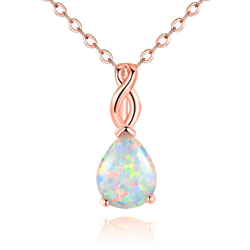 VOLUKA Teardrop White Fire Opal Necklace for Women 18K Rose Gold Plated Octobers Birthstone Gemstone Pendant Vintage Elegant Friendship Link Chains Choker Mother