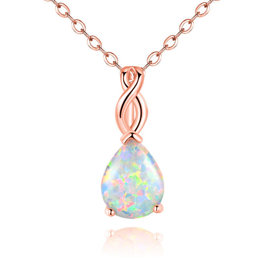 VOLUKA Teardrop White Fire Opal Necklace for Women 18K Rose Gold Plated Octobers Birthstone Gemstone Pendant Vintage Elegant Friendship Link Chains Choker Mother
