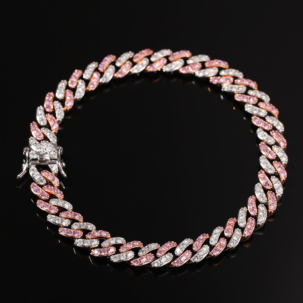 Cuban Bracelet with Pink Zirconia and Punk Design