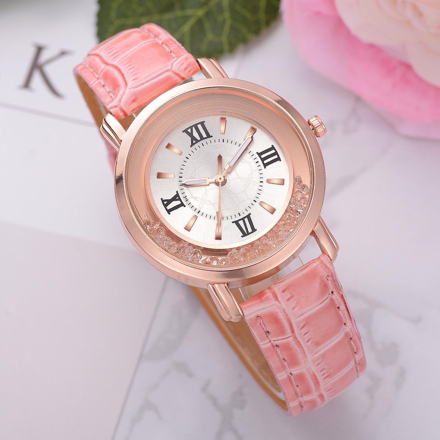 Women's Quartz Watch with Rhinestones and Leather Band
