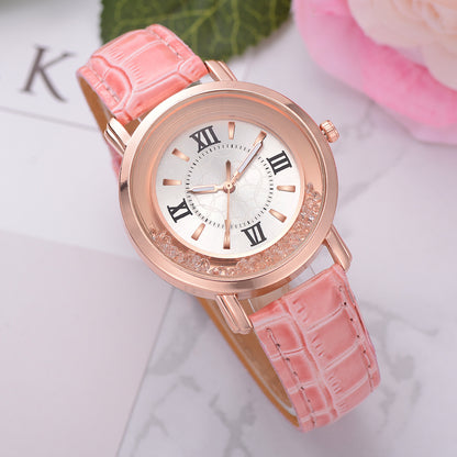 Women's Quartz Watch with Rhinestones and Leather Band