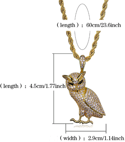 Gold-Plated Zircon Owl Pendant Hip-Hop Necklace