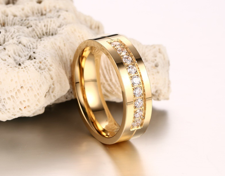 Titanium Steel Couple Rings with Diamond Inlay