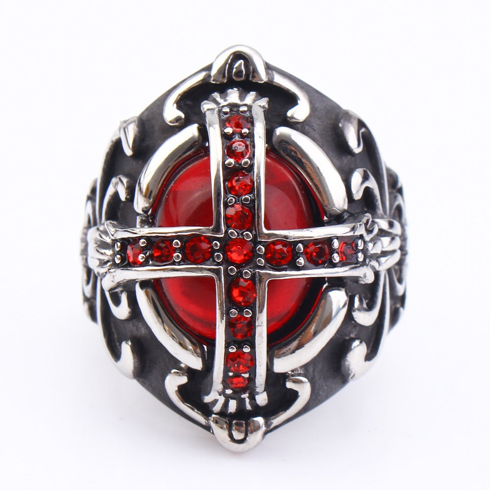Gothic Style Men's Cross Ring with Red Gemstone