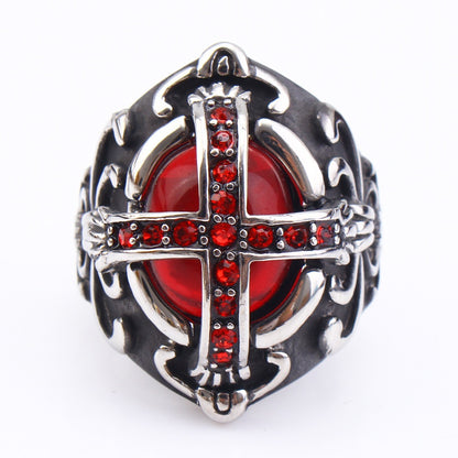 Gothic Style Men's Cross Ring with Red Gemstone