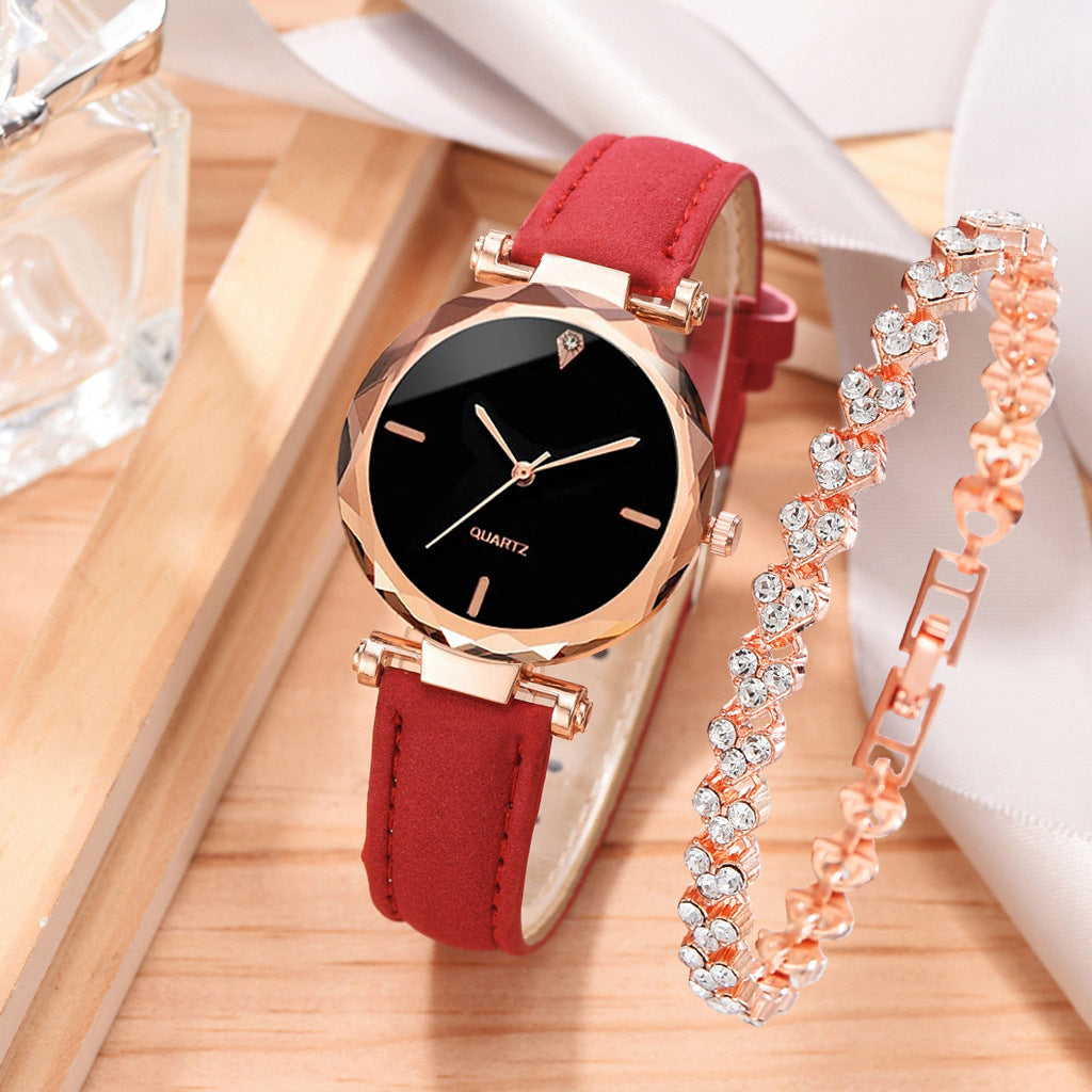Fashionable Women's Casual Quartz Watch Set with Leather Band