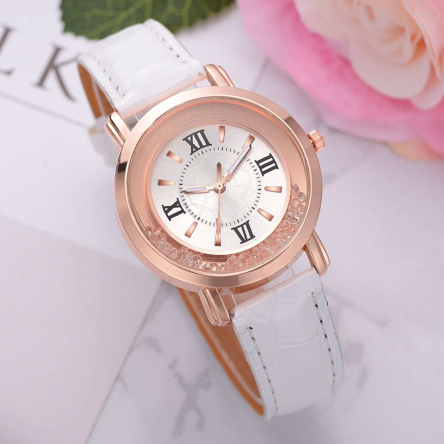 Women's Quartz Watch with Rhinestones and Leather Band