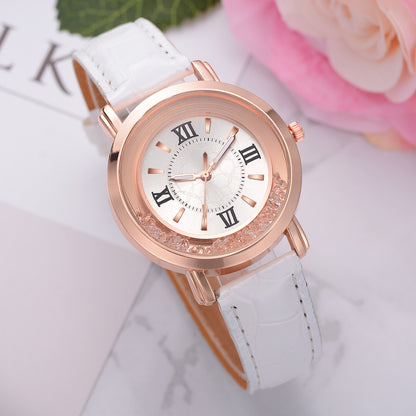 Women's Quartz Watch with Rhinestones and Leather Band