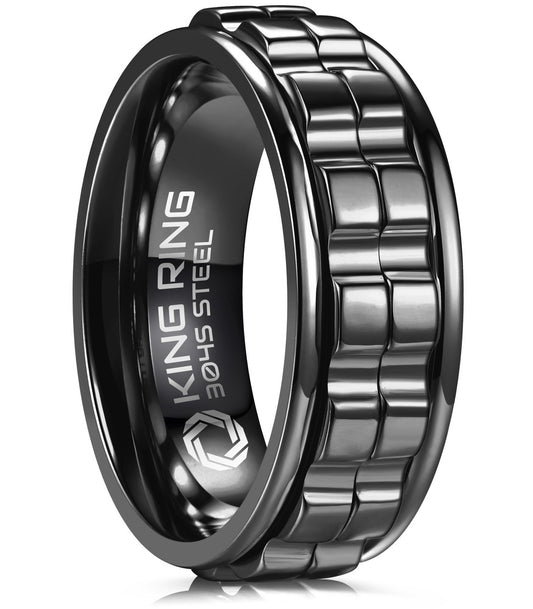 King Ring 8mm Wide Gear Spinner Ring – Ultra Polished Heavy Fidget Ring for Men & Women Stainless Steel Ring K42 – Black 12