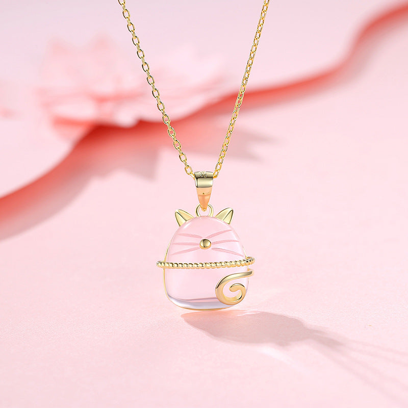 S925 Silver Totoro Necklace with Pink Crystal Pendant