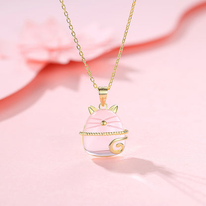 S925 Silver Totoro Necklace with Pink Crystal Pendant