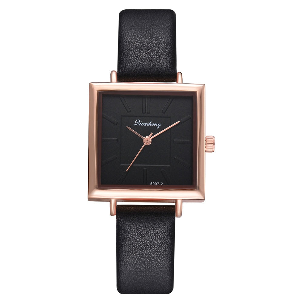 Fashionable Women's Square Watch with Leather Strap