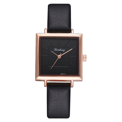 Fashionable Women's Square Watch with Leather Strap
