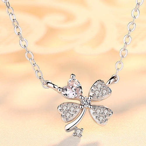 Diamond-Studded Four-Leaf Clover Silver Necklace