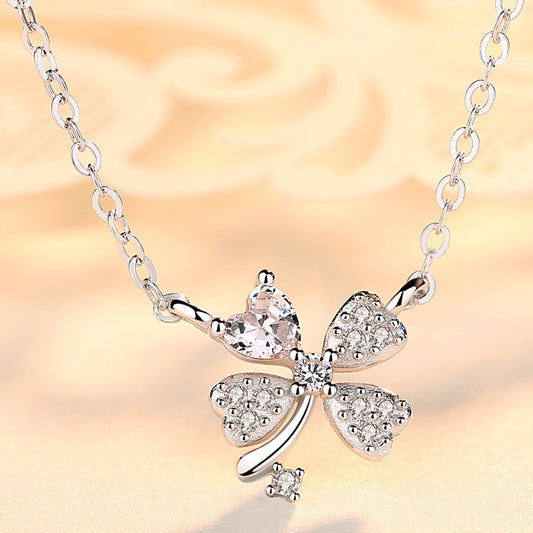 Diamond-Studded Four-Leaf Clover Silver Necklace