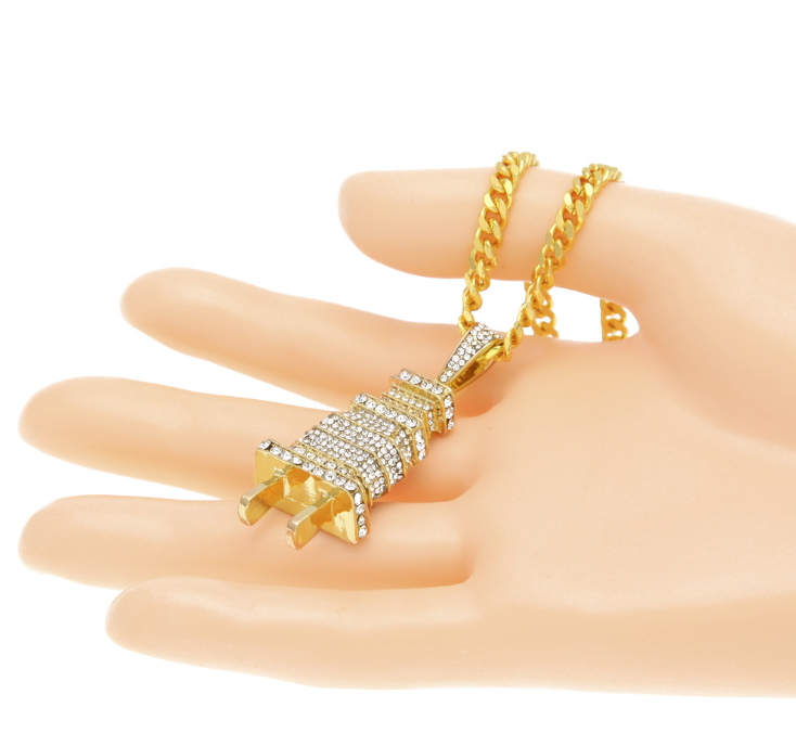 Full Rhinestone Plug Necklace with Hip Hop Pendant