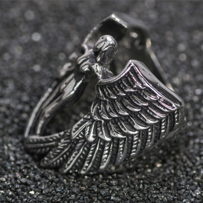Men's Titanium Steel Ring with Gothic Cross and Wings