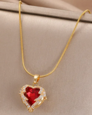 18K Gold-Plated Necklace with Red Heart Pendant