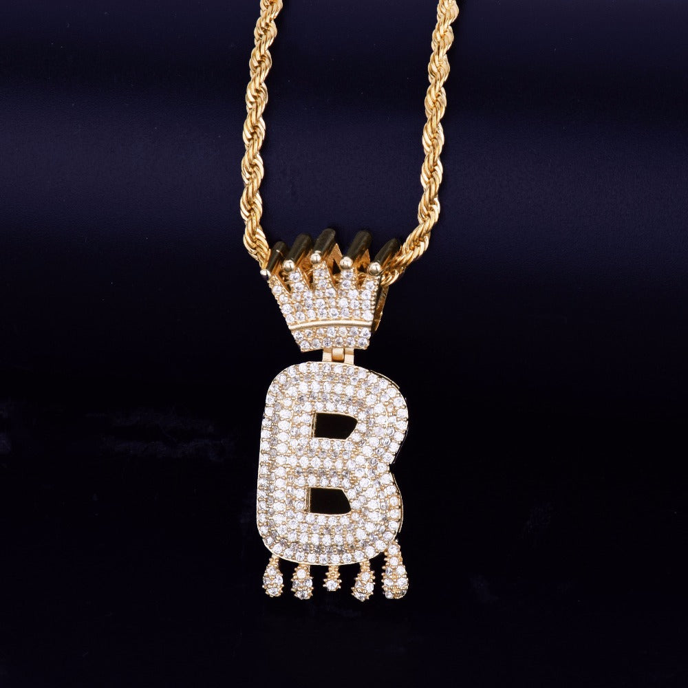 Vintage Crown Letter Hip-Hop Pendant Necklace with Zircon