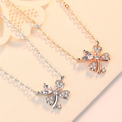 Diamond-Studded Four-Leaf Clover Silver Necklace
