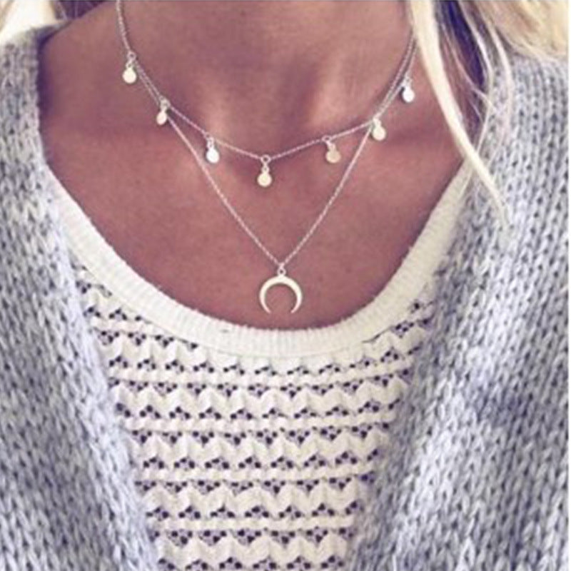Layered Moon and Crescent Necklace with Sequins