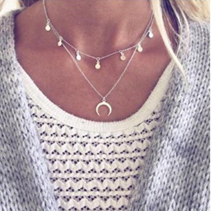 Layered Moon and Crescent Necklace with Sequins