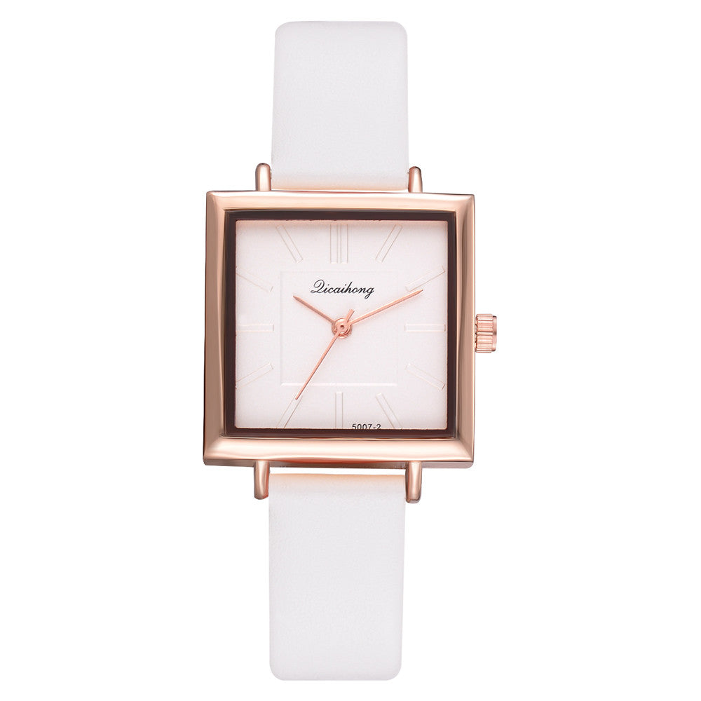 Fashionable Women's Square Watch with Leather Strap