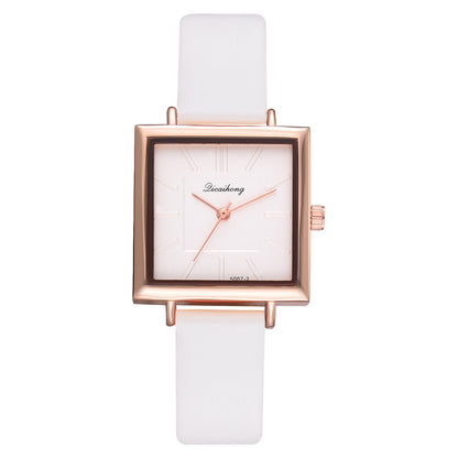 Fashionable Women's Square Watch with Leather Strap