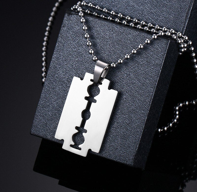 Men's Stainless Steel Blade Necklace and Razor Pendant